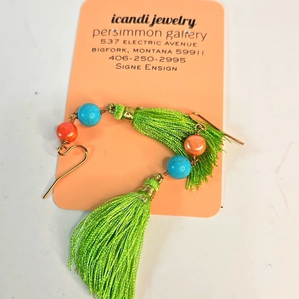 NWT icandi Artisan Boho Vibrant Earrings Green Tassel Turquoise Orange Pearl